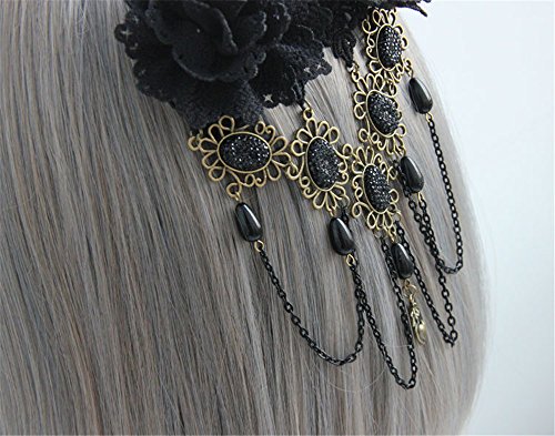 Gothic Vintage Black Lace Rose Flower Hair Clip With Pearl Chain Tassels Hair Barrettes For Women Princess Headwear #TOP2