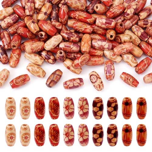 Craftdady 100Pcs Large Hole Printed Oval Wooden Beads 14x8mm Barrel Shape Wood Loose Spacer Beads for Macrame Braided Jewelry Making Bracelet Craft