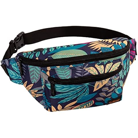 Bum Bag Fanny Pack Mens Womens Bumbags with Adjustable Belt Ladies Waist Bag Large Pocket for Hiking Dog Walking Running Travel, Blue Leaf Cover