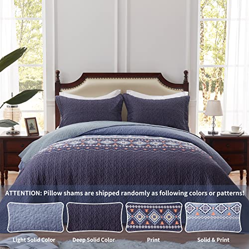 LEAONME Quilt Set Full/Queen Size 3 Piece Bedspread Coverlet Lightweight Comforter Microfiber Bedding Set for All Season Oversized 90x98 Inch Bed Cover Bohemian Navy Blue(1 Quilt,2 Pillow Shams)