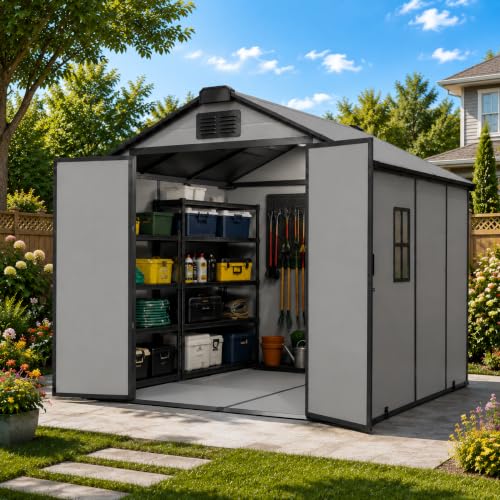 Image of 8x8 FT Resin Storage Shed with Floor & Skylight, Large Outdoor Shed