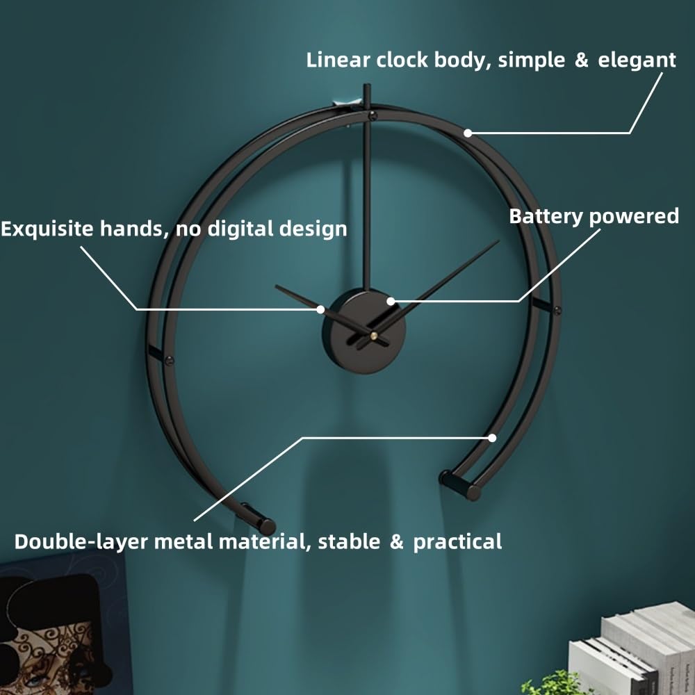 Zegar ścienny Open-e – cichy, nietykający mechanizm kwarcowy, nowoczesna metalowa dekoracja ścienna z minimalistycznymi cyframi, dekoracyjny zegar do salonu/sypialni/kuchni (duży, czarny)