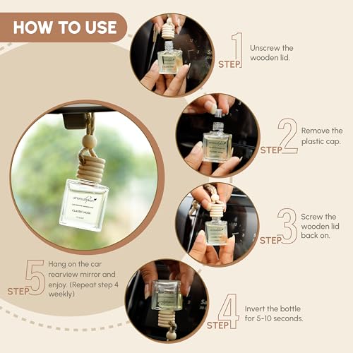 Image of Aromahpure Premium Car Perfume Hanging Pod |10 ML |Musk Fragrance Car Air Freshener |Natural Fragrance Oils in Glass Bottle with Wooden Diffuser Lid |Last upto 30 Days (Pack 3), IFRA certified