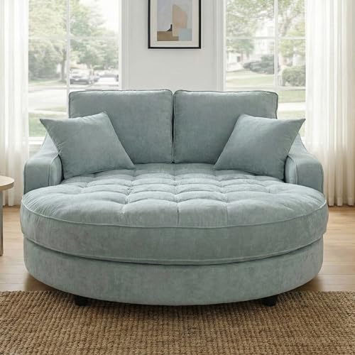 Image of Christopher Knight Home 55 Inch Modern Chaise Lounge Sofa Bed, Upholstered Chenille Lounge Couch with Tufted Seat and Detachable Pillows Curved Accent Sofa for Living Room, Blue