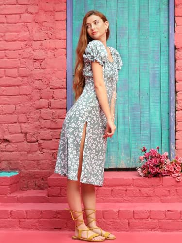 Greciilooks Western Dress For Women| Rayon Flower Design| Square Neck & Leg Split Dress| Short Balloon Sleeves Dress For Girls| Outdoor Wear (Xx-Large, Light Green)