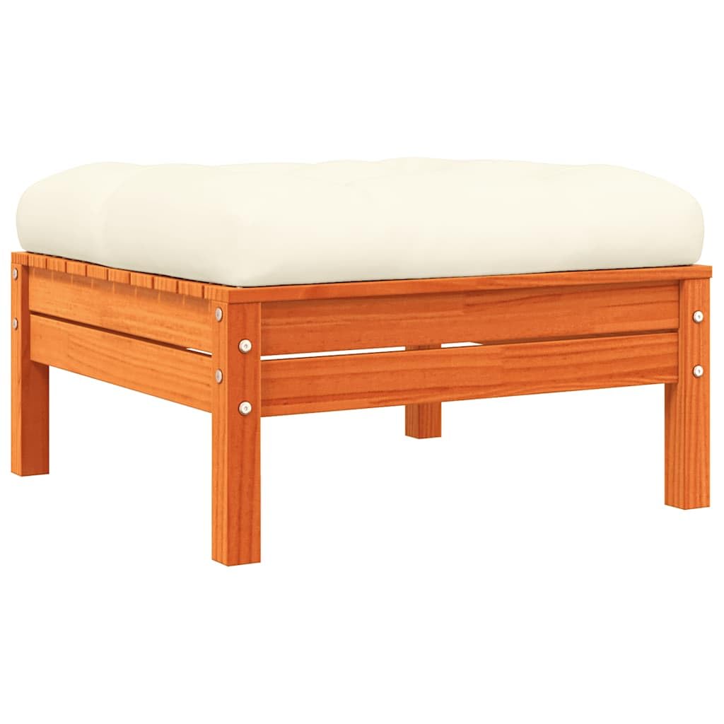 Reposapiés Jardín 2 Piezas Marrón Cera Madera Pino Macizo | Cojín de color crema incluido, 63 x 63 cm, diseño de láminas, modular, para patio y terraza