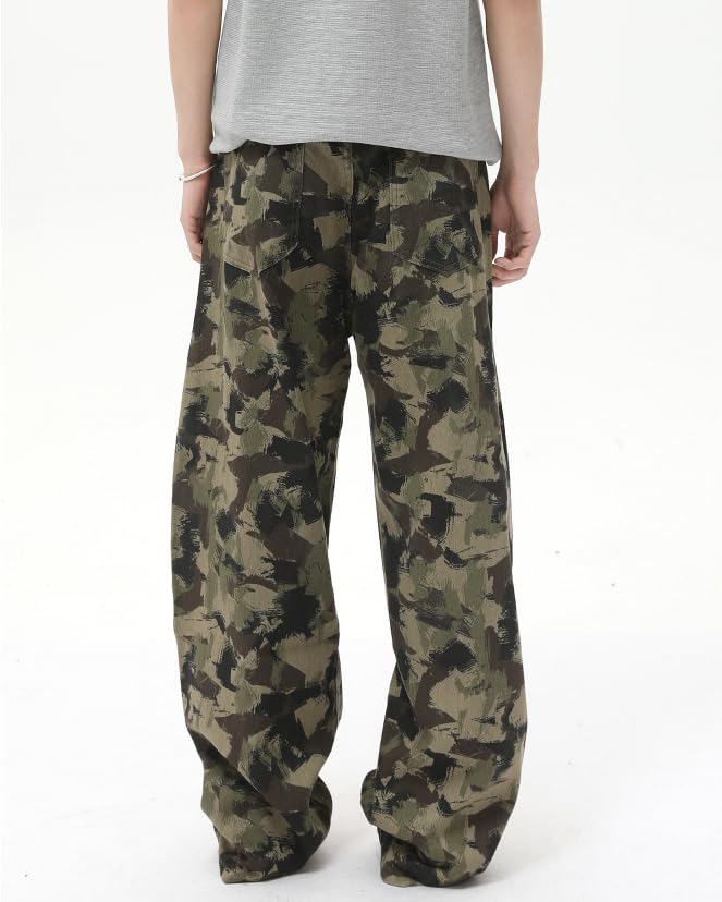 Men's Vintage High Street Washed Camouflage Jeans Wide Leg Trousers with Pockets2