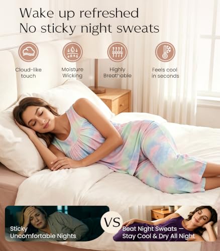 Image of NACHILA Pajamas for Women-Viscose Made from Bamboo, Sleeveless Pjs Tank Top Capri Pants Pajama Sets Cooling Sleepwear