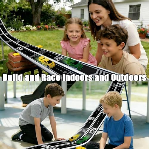 16.4Ft Flexible Race Track for Kids Ages 3+, Patterned Dual-Lane Roll Up Race Track Set with 4 Toy Cars & Suction Cups, Compatible with 1/64 Diecast Cars, Portable DIY Racing Toy (Black) — view 6