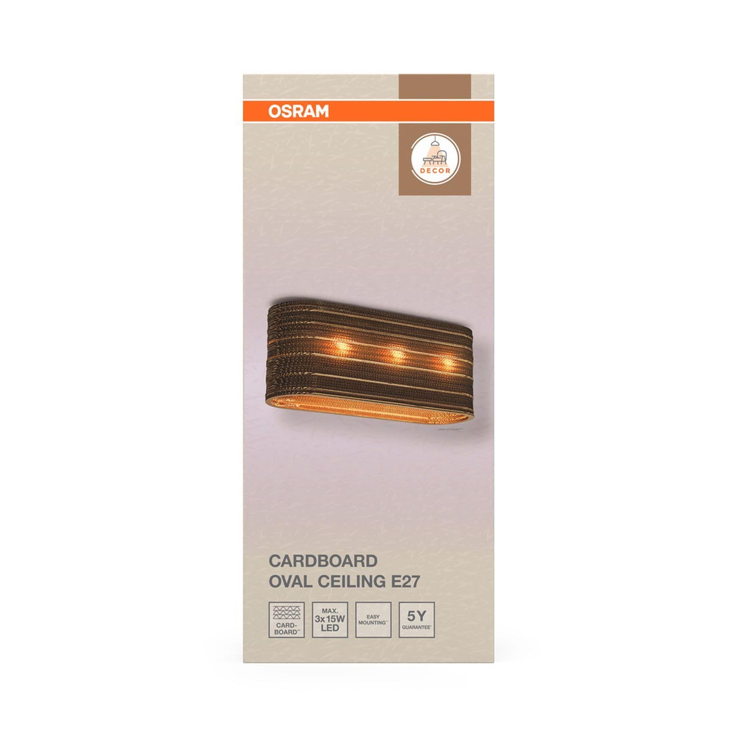 Osram Lámpara de techo de 3 focos, ovalada, color marrón, de cartón ondulado, E27, 600 mm de longitud, pantalla de material reciclado, sostenible mediante fuente de luz intercambiable, fácil montaje