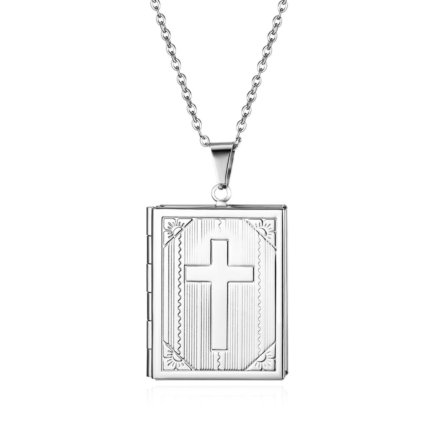 JewelryWe Schmuck Edelstahl Foto Medaillon zum Öffnen Photo Bilder Amulett Silber/Gold Quadrat Quadratisch Book Buch Anhänger Halskette Kette für Herren Damen - Kostenlose Gravur