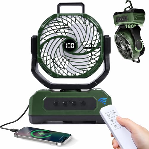 Image of DOCOSS Camping Fan with Remote & LED Light, 10000mAh Battery runs upto 10 Hours Minimum, Type C, Portable Rechargeable Outdoor Tent Fan,Automatic Oscillation, Kitchen Fans for Cooking Green