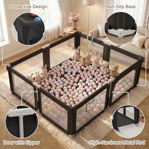 Image of Foldable Playpen for Babies and Toddlers with Mat, 73 inch x 61 inch Playard for Indoor & Outdoor, Baby Play Pen with Soft Breathable Mesh, Pull-Link and Ocean Balls, Black