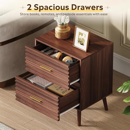 Image of WLIVE Nightstands Set of 2, Mid Century Modern Bedside Tables with Fluted Drawers, Walnut Wood End Table with Storage for Bedroom, Accent Furniture