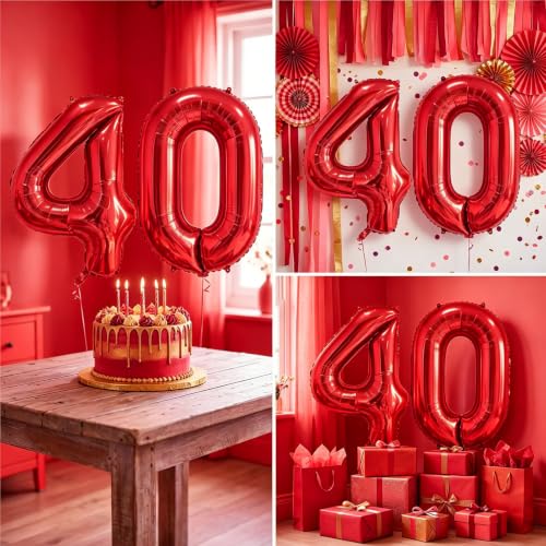 Image of Number Balloons Red Party Balloon - 40 Inch Large Number 40 Balloon, Numbers Balloon Birthday Decorations, Red Party Supplies for Anniversary