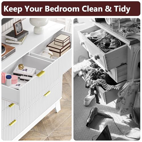 Image of White Dresser 8 Drawer Dresser for Bedroom, 47''Wide Fluted Wooden Dresser Storage Cabinet and Chest of Drawers with Metal Handle, Storage Organizer for Living Room, Hallway, Entryway
