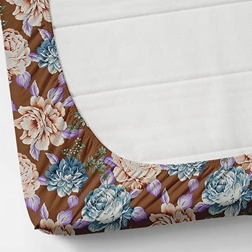 Image of Fitzy 280 TC Fitted Bedsheet King Size, Elastic Bedsheet, 72x78 + 12 Inches Drop,with 2 Pillow Covers (CreamBrown-Flower)