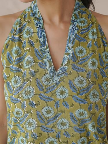 Image of GOODHAND Chic Cotton Halter Kurti with Timeless Block printsPerfect for Casual outings or Festive Flair-Where Traditional Charm Meets Modern Silhouette