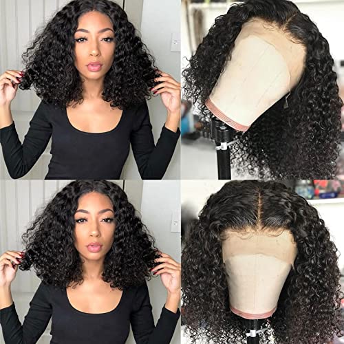 13X4X1 T-Part Transparent Lace Front Bob Curly Wigs Human Hair for Black Women, Short 100% Unprocessed Brazilian Human Hair Wigs Natural Color 150% Density Pre Plucked with Baby Hair(12 inch)