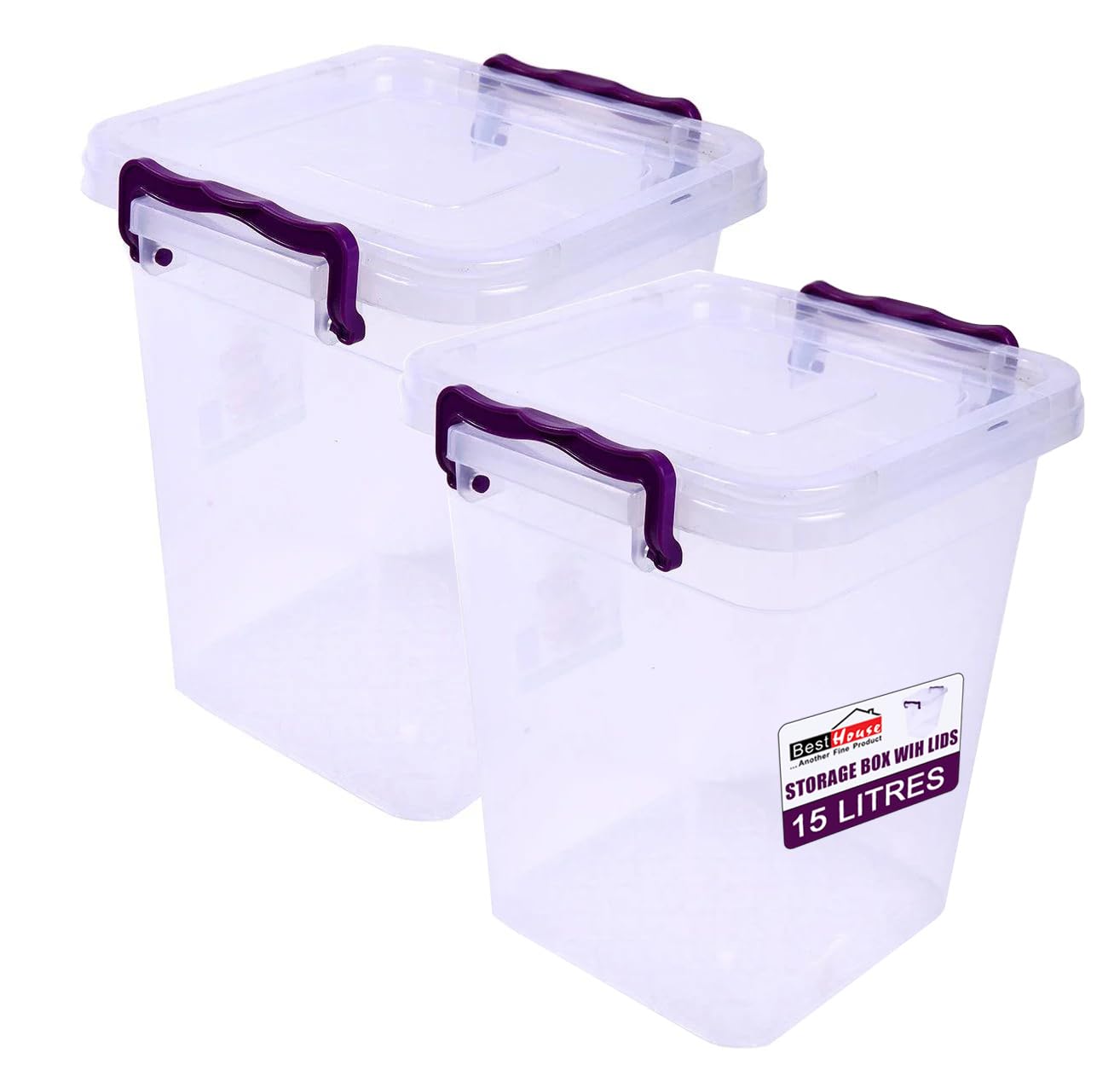 Best House 15 Litres Deep Clear Storage Box Container with Lid Square and Handles, Stackable Organizer Bin for Home, Kitchen, Garage, and Store Cloths, Boots, Toys, Food, and Accessories (Pack of 2)