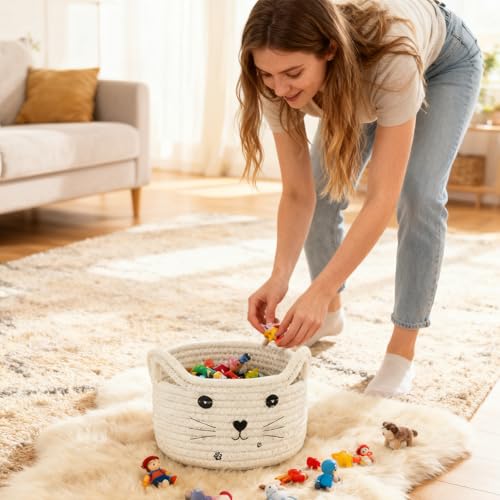 DIYCUT Aufbewahrungskorb Katzenform, Baumwollseil Geflochtene Korb, Klein Spielzeugkorb, Weiße Aufbewahrungskorb Rund, für Aufbewahrung von Handtüchern, Spielzeug, Kosmetik