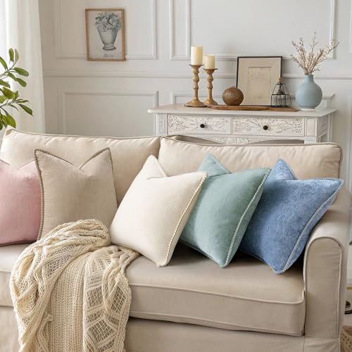Image of decorUhome Fall Chenille Soft Cozy Throw Pillow Covers 16x16 Set of 2, Modern Farmhouse Boho Velvet Decorative Pillow Cases with Stitched Edge for Couch Sofa Bed Home Decor, Aqua Haze