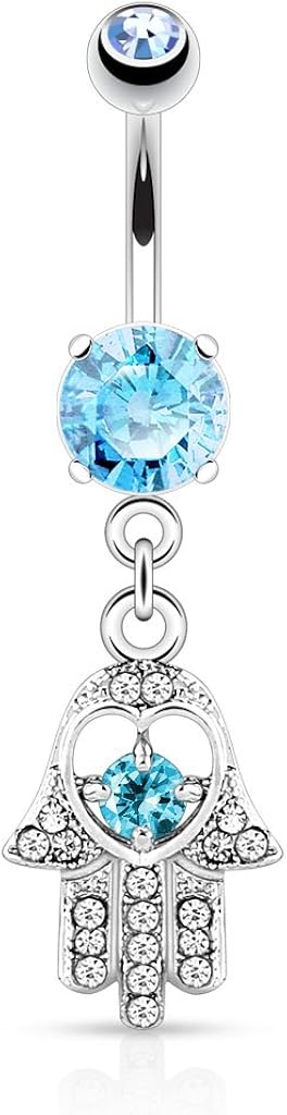 Pierced Owl - 14GA Stainless Steel CZ Crystal Hamsa Hand Dangling Belly Button Ring