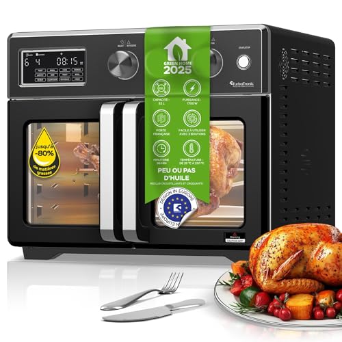 TurboTronic Mini four, four à air chaud 4 en 1 et friteuse à air chaud, version XXL 32 L, y compris tournebroche et de nombreux accessoires, plaque de...