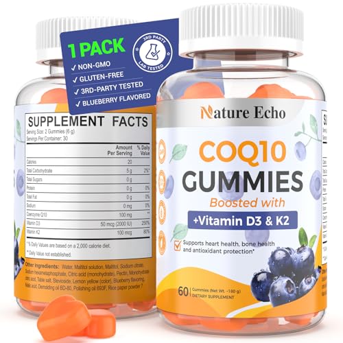 Nature Echo® CoQ10 Supplement 100mg, CoQ10 Gummies with Vitamin D3 & K2, Coenzyme Q10 Supplement Blueberry Flavor, Sugar Free, Heart Health, Bone Support & Antioxidant, Vegan, Non-GMO 60 Gummies