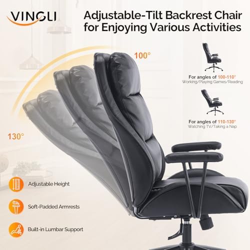 VINGLI Executive Ergonomic Office Chair with 100-130° Reclining, High-Back Desk Chair with Adjustable Base & Headrest Support & Wheels, Comfy Gaming Chair for Computer, Home Office, Pu-Leather, Black - Thumbnail 5