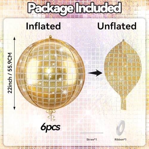 Image of 6pcs 22 Inch Gold Disco Ball Balloons, Shiny Gold Big Disco Foil Balloons