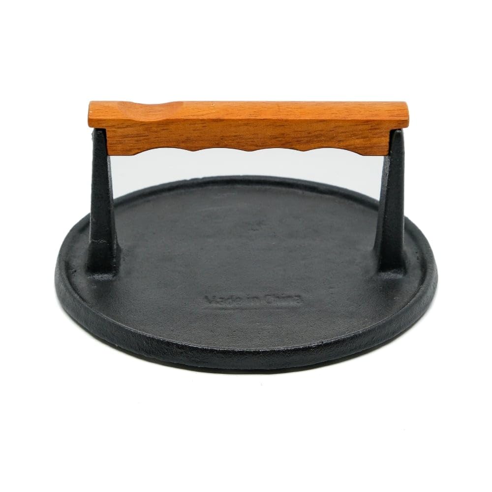 Texas Club BBQ Cast Iron Press with Hardwood Handle | Barbecue Heavy Duty Steak Weight Burger Bacon Grill Press