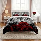 WeCozy Queen Size Comforter Set with 2 Pillowcases, Red Rose Flower 3 Pcs Bedding for Kids and Adults, Summer Vintage Woodboard Soft Comforter Set for Bedroom Bed Decor