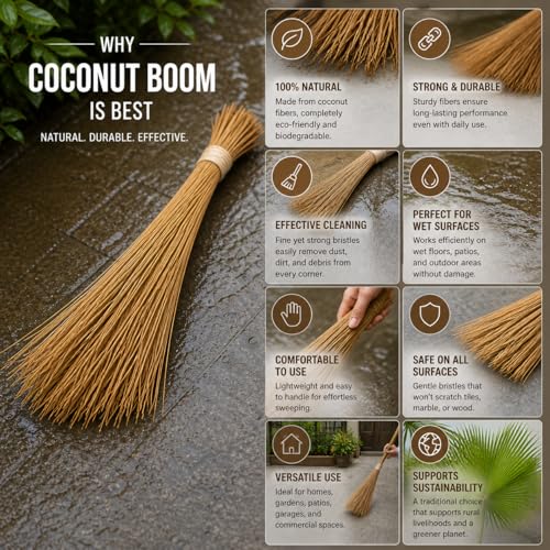 Image of Natural Coconut Broom, Traditional Indian Broom with Strong Bristles for Home Floor Cleaning, Sweeping and Dusting, Indoor and Outdoor Use
