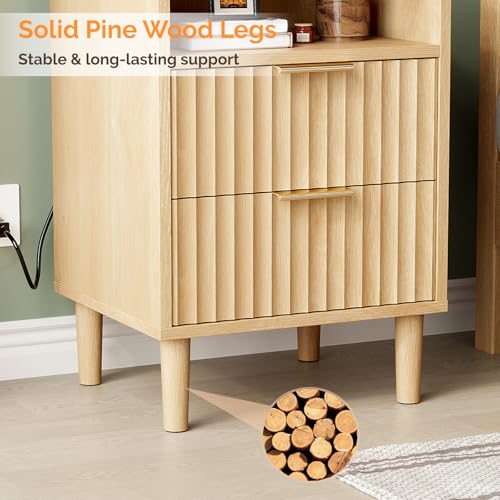 Image of VINGLI Fluted Nightstand with Charging Station, Wood Nightstand with 2 Drawers Night Stand for Bedroom, Fluted Bedside Table /End Table /Side Table with Pine Wood Legs, Oak, 15.75 inch W*15.55 inch D*23.62 inch H