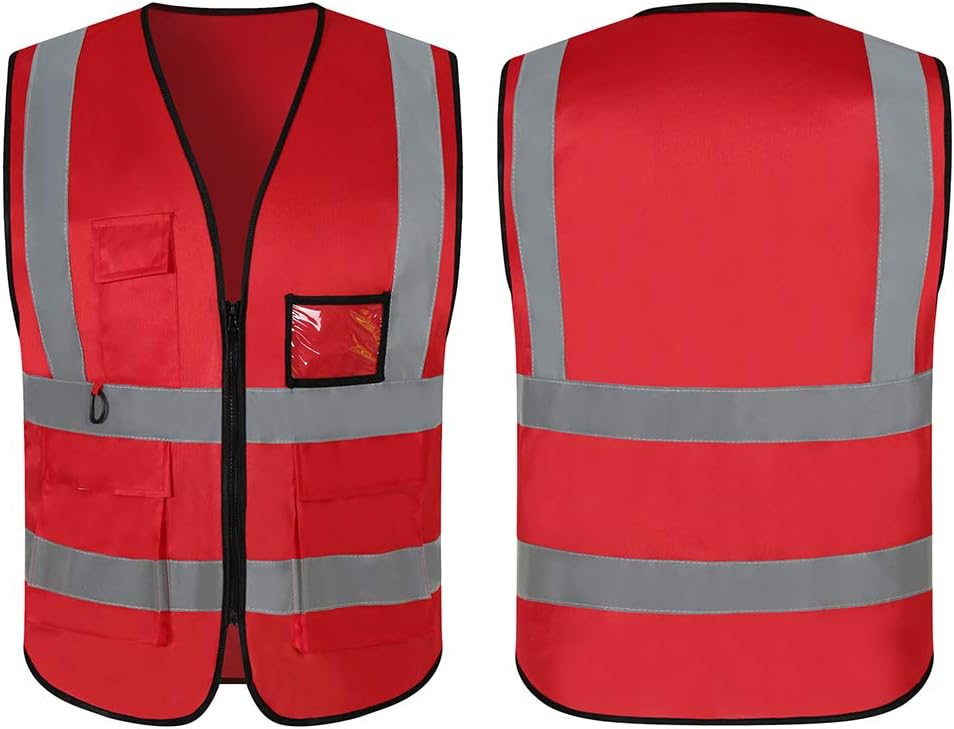 5 Pack Reflective Safety Vest for Women, Men High Visibility Reflective Vest with 5 Pockets Neon Red