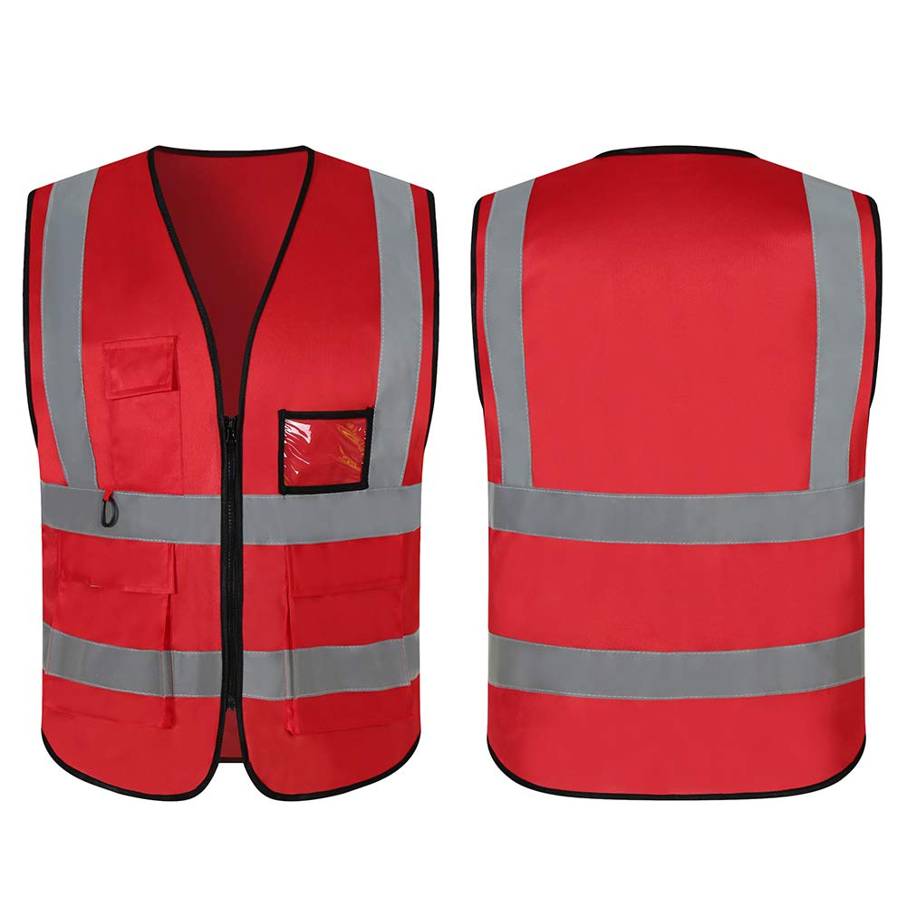 Paquete de 5 chalecos reflectantes de seguridad para mujeres y hombres, chaleco reflectante de alta visibilidad con 5 bolsillos rojo neón, Red, Talla única