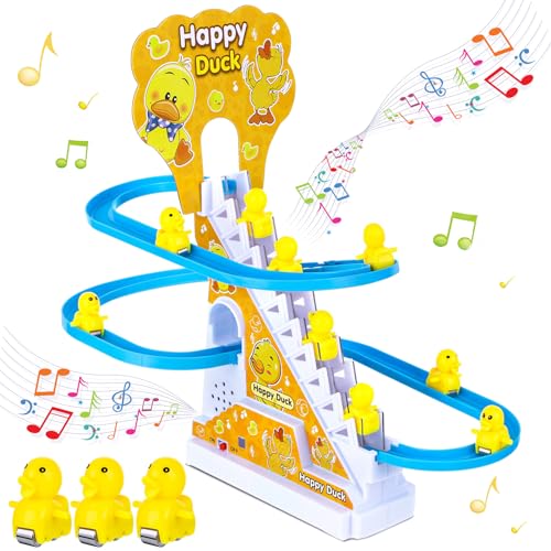 Zuimei 9Pcs Electric Duck Climbing Stairs Racer Track With LED Flashing Lights and Music Slide Rollercoaster Set for Kids Boys Girls Yellow