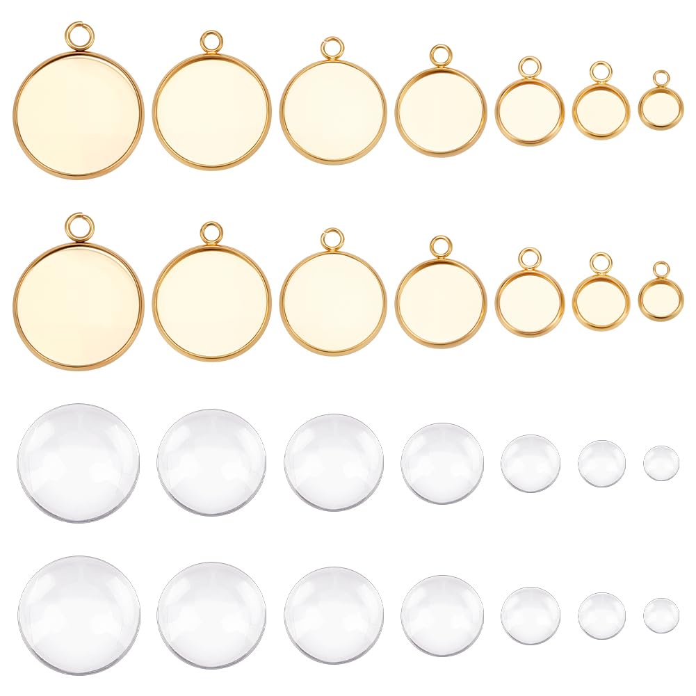 UNICRAFTALE 14pcs 7 Styles Pendentif Cabochon en Acier Inoxydable Doré avec 14pcs Cabochons en Verre Transparent Environ 11-26.5mm Long Lunette Pendentif Blanks Plats Ronds Pendentifs Plateaux