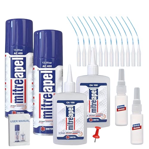 MITREAPEL Super CA Glue (2 x 3.5 oz) with Spray Adhesive Activator (2 x 13.5 fl oz), Cyanoacrylate Super Glue for Plastic, Glass, Ceramic, DIY, 3D Printing with Microtips - 2 Pack