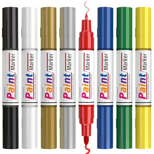 Permanent Marker Wasserfeste Stifte set:8 Dual Tip Steine Bemalen Glasmalstifte Permanent Marker Fein Lackstift Glasstift für Basteln,Karton, Kunststoff, Holz, Metall,Keramik,Tasse,Reifen,Glas,Plastik