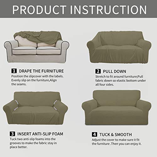 Easy-Going Stretch Sofa Slipcover 1-Piece Sofa Cover Furniture Protector Couch Soft with Elastic Bottom for Kids, Polyester Spandex Jacquard Fabric Small Checks (Sofa, Khaki)