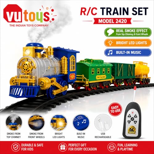 Image of R /C Train Set for Boys with Real Smoke, LED Lights & Music | 2.4GHz Remote Control Toy Train with Engine, Passenger Coach, Tanker Wagon, 12 Track Pieces, C-Type Charging & Water Dropper
