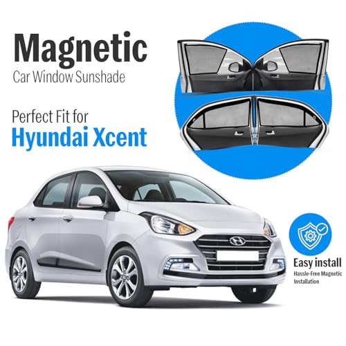 Image of Autofact Magnetic Car Sunshades Compatible with Hyundai Xcent (2014 to 2020) (Set of 4) - Easy Installation, UV Protection (Front 2 Half-Cut for Side Mirror Visibility, Rear 2 with Zippers)