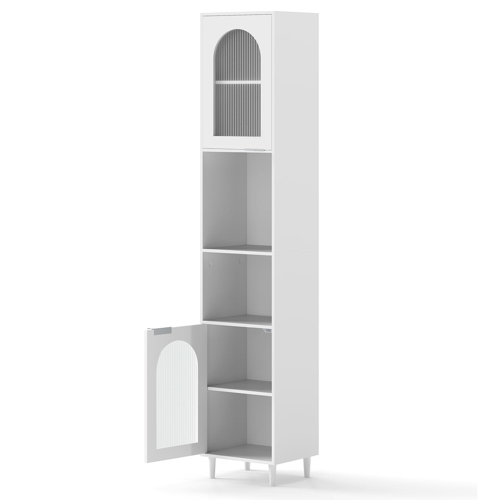LIFEZEAL Mobile Bagno Salvaspazio Bianco, Colonna Bagno Alto, Stretto, 35x30x180cm, Credenza Cucina, Armadio Dispensa, Mobiletto, con 2 Ante in Vetro, Ripiani Regolabili, Scomparti, in Legno, Max 90kg