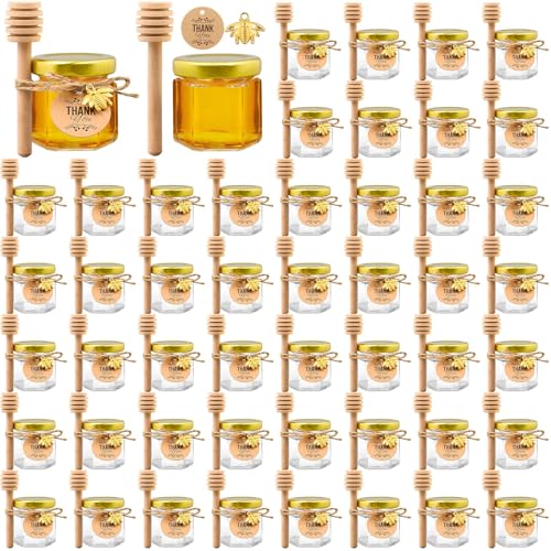 ASMIZ 50 Stück Hexagon Mini Glas Honiggläser 45 ml Klein Marmeladengläser mit Holzlöffel Golddeckel Bienenanhänger Juteband und Dankeschön-Anhänger für Hochzeit Gastgeschenke und DIY Deko