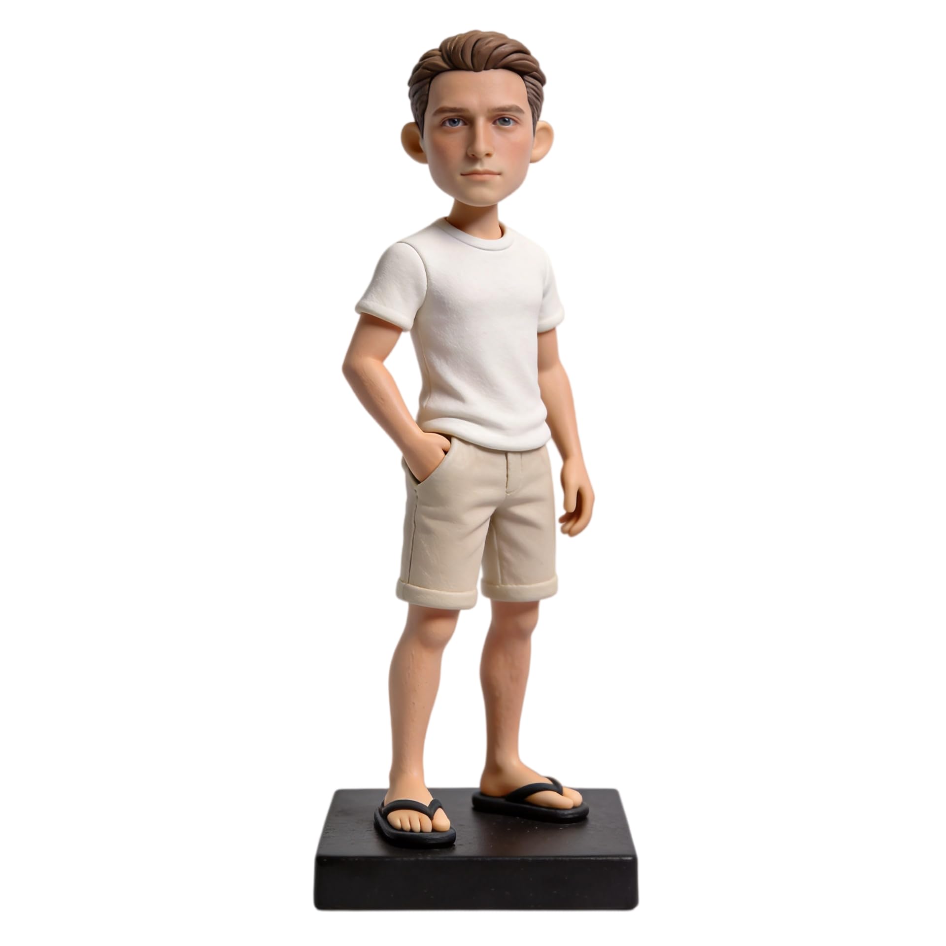Bobblehead personalizado, figura 3D de la foto, estilo casual masculino, escultura de arcilla hecha a mano, camiseta blanca, pantalones cortos caqui, chanclas, estatua de verano, regalos
