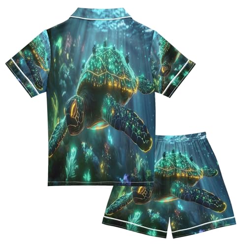 ALAZA Glowing Turtle Ocean Sea Satin Pajamas Set Short Sleeve Button Down Sleepwear Summer Pjs 2 Piece2