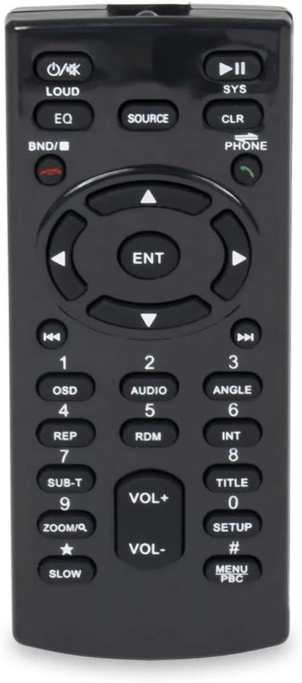 Black remote control for the car stereo with various buttons for power, volume, navigation, and media playback.