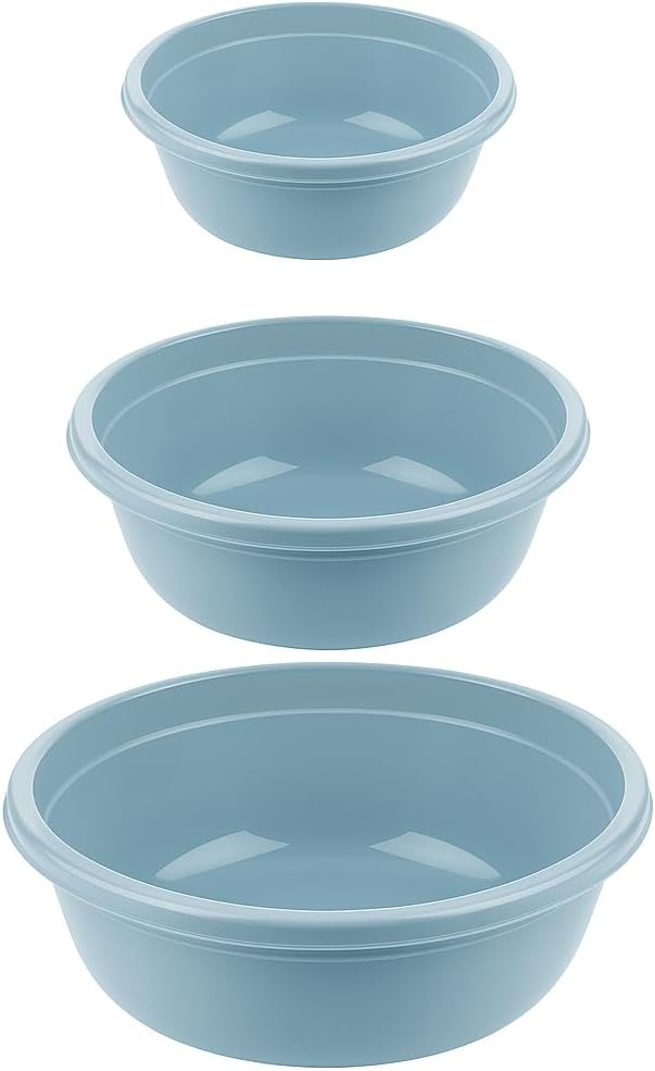 Set of 3 Round Bowls BPA-Free Plastic - 5L, 7.5L and 10.5L - Lightweight and Durable Bowls - Modern Design and Versatile for Kitchen, Washing, Maintenance, Garden (Ice Blue)